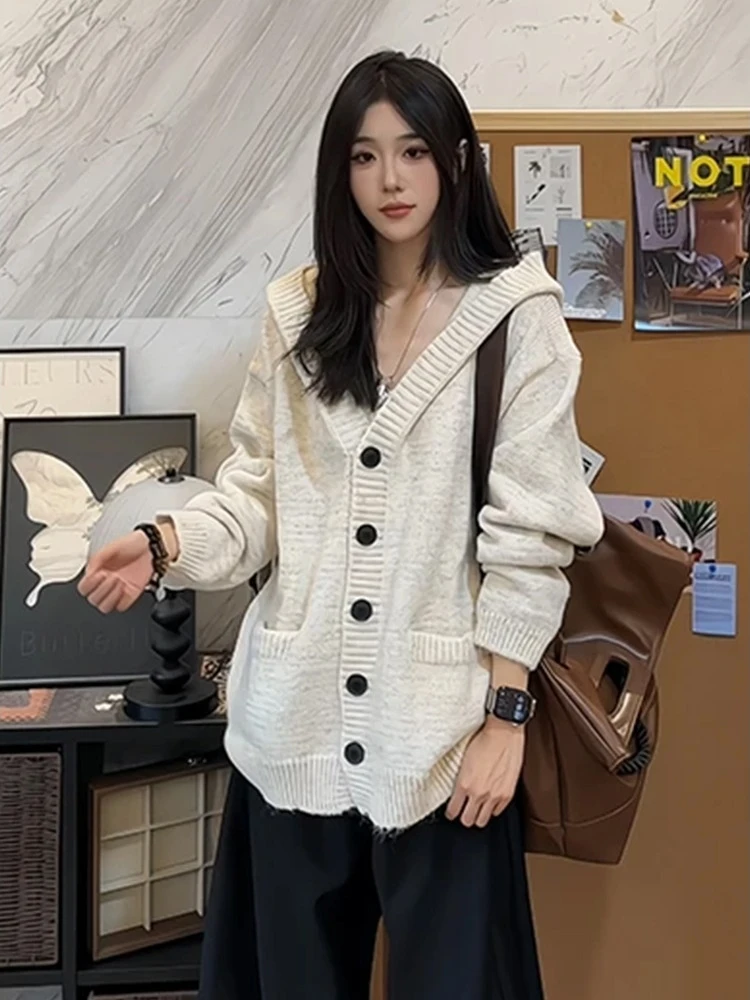 

American Lazy Sle Knitted Open Cardigan Sweater Men Women Spring Autumn Trendy Loose Casual Match Hat Hoodie Top