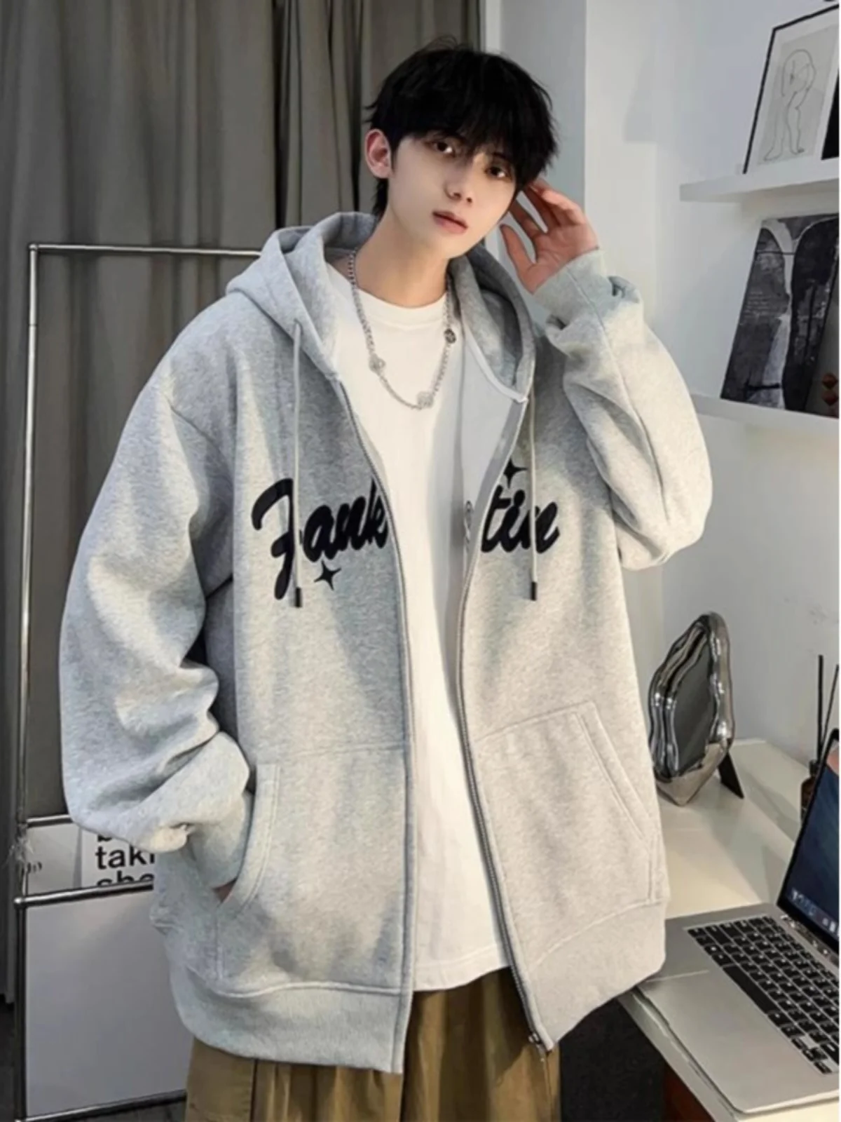 

Autumn Winter Large Size 300 Pou Japanese Sle Heavyweight Hoodie Men's 2024 New Print Loose Open Cardigan Casual Jaet