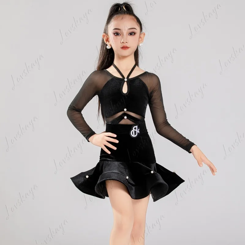 ラテンダンス衣装、練習衣装セット、子供用女の子用ツーピースパフォーマンス衣装、プロフェッショナルトレーニングガーゼスカート