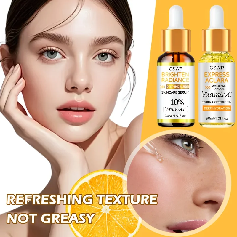 Conjunto de Sérum Iluminador com Vitamina C GSWP, hidrata profundamente e ilumina, faz a pele parecer mais clara e luminosa. 30ml + 30ml