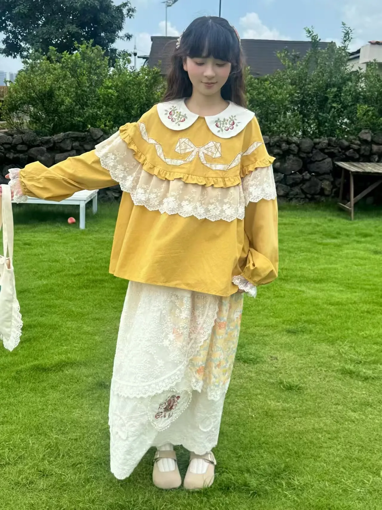 2026 New Women Sweet Ruffles Tops Mori Girl Retro Lolita Style Shirt Female Kawaii Embroidery Cotton Long Sleeeve Blouse