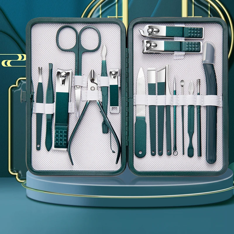 Nuovo set di tagliaunghie in acciaio inossidabile Set di strumenti per toelettatura con custodia portatile Strumento per manicure per unghie verdi