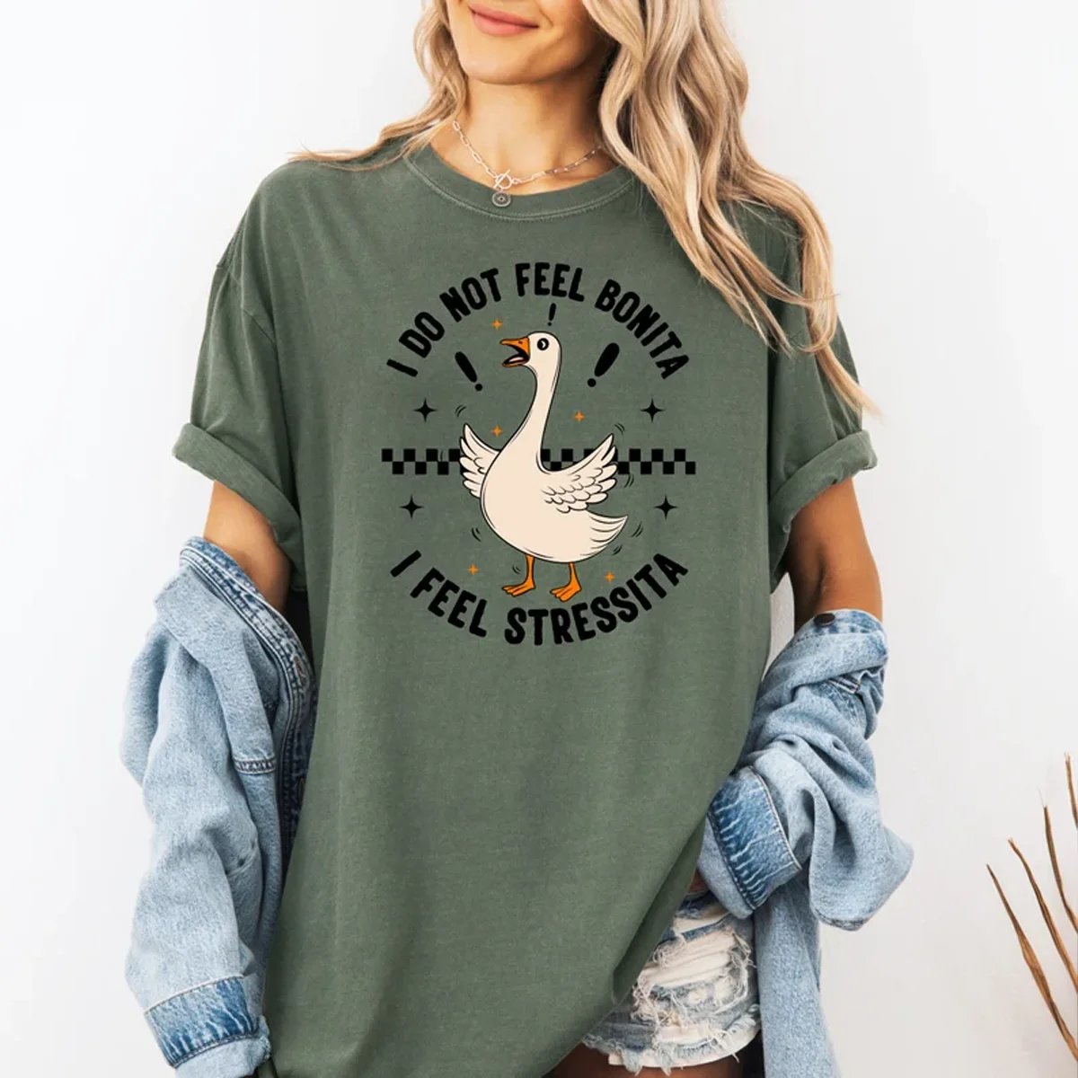 i Do Not Feel Bonita i Feel Stressita t-Shirt Funny Goose Shirt Funny Graphic Tee Women Anxiety t-Shirt Animal Love Shirt