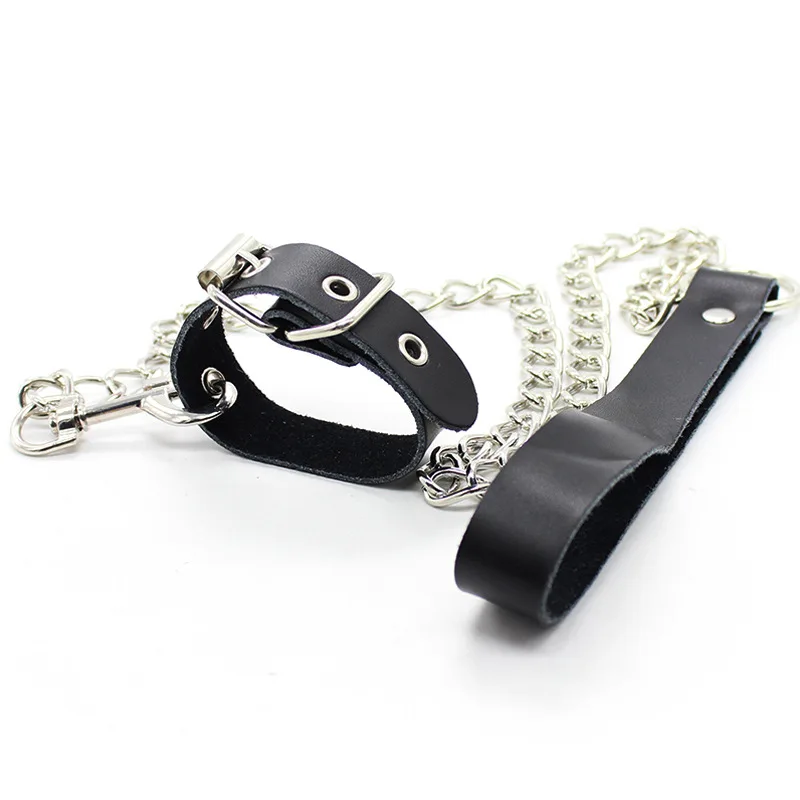 Leather Penis Ring Fetish Bondage Metal Chain Scrotal Cuff Traction Rope BDSM Training Penis Exercise Adult Male Sexual Products