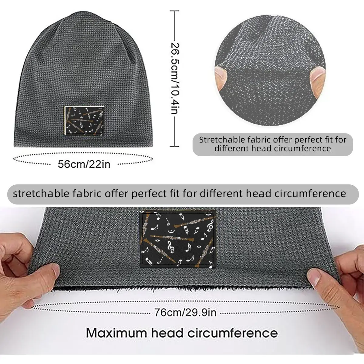 Clarinet Music Note Pattern Waffle Knit Fleece Lined Beanie with PU Leather Patch Unisex Warm Winter Soft Cap