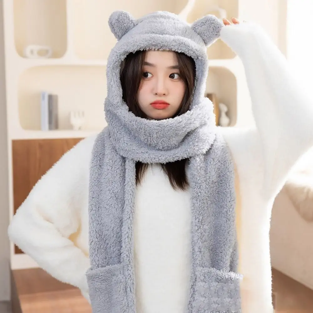 Winter 3-in-1 Cute Bear Ear Hat Scarf Gloves Set Women Caps Warm Casual Plush Neck Hats Casual Fleece Girls Beanies