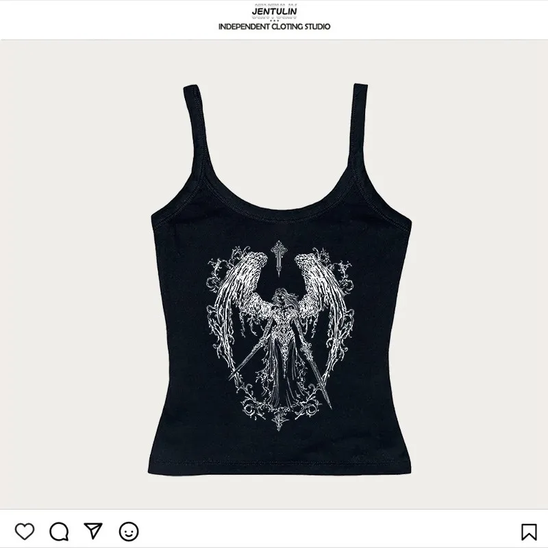 빈티지 여성 고딕 프린트 탱크탑 슬림 그런지 크롭탑 레트로 Y2K 탑 스트릿웨어 그래픽 탱크 & 캐미솔 탑 에모 걸스 코르셋
