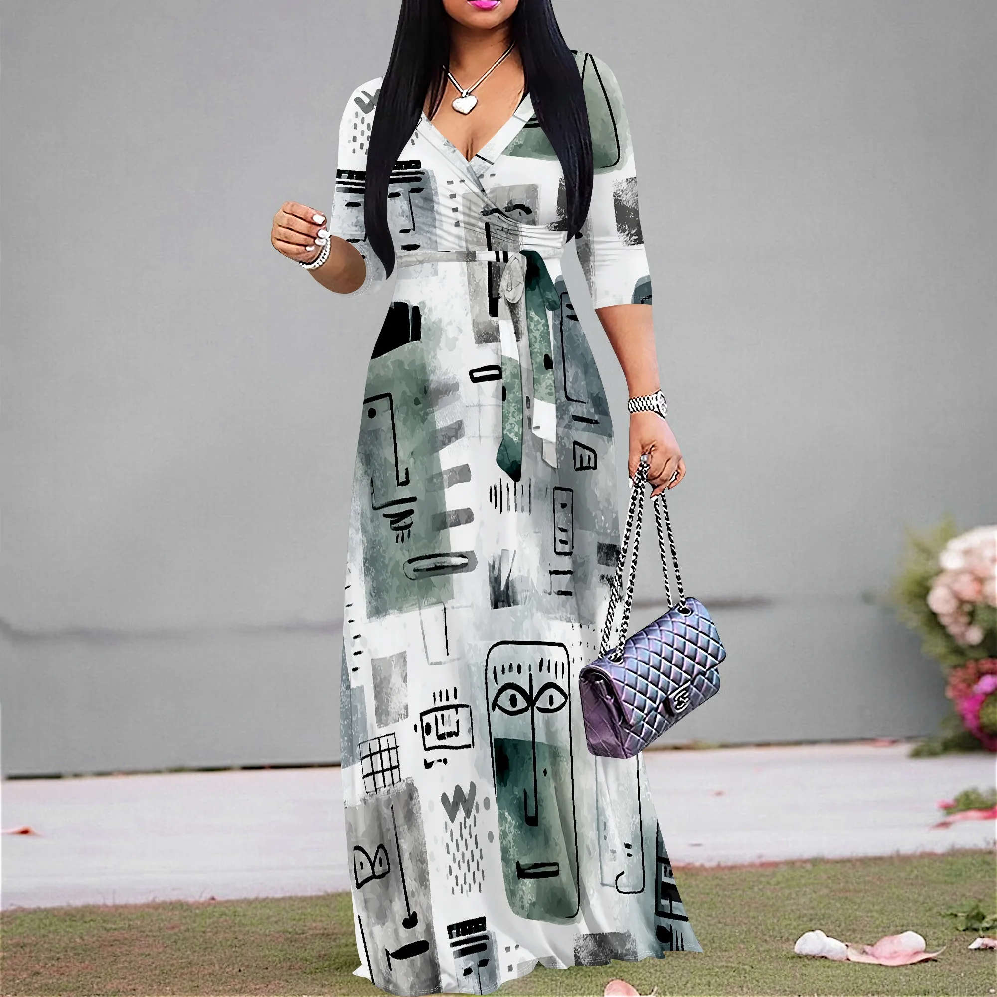 

Women's Abstract Print Maxi Dress - V-Neck Plus Size S-3XL - Modern Art Casual & Office Wear