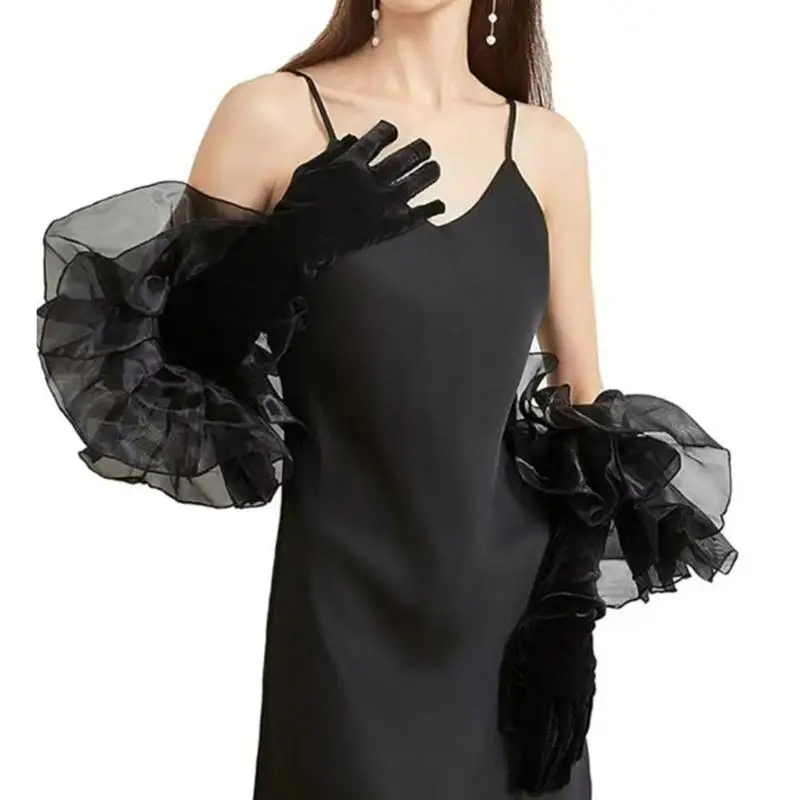 31BB Black Ruffle Gloves Satined Bride Gloves Armwear for Wedding Ceremony Dresingup