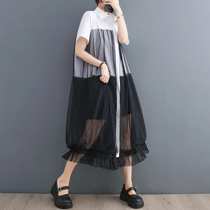 Small niche design, fashionable mesh patchwork shirt skirt, dark style Yamamoto style loose casual dress