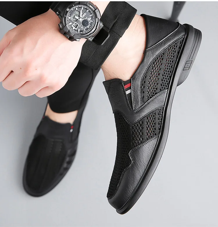 2023 Summer New Men\'s Business Casual Leather Shoes Fashion Soft Sole Mesh Shoes Breathable One Step Loafers Male Sandals