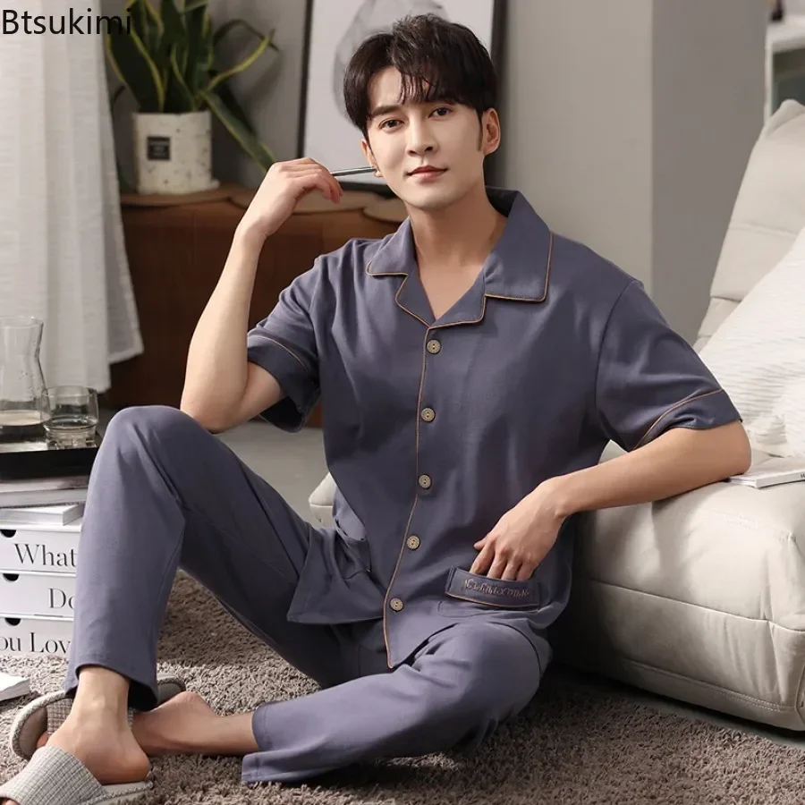 Fashion 100% Cotton Pajamas Sets for Men Simple Casual Short Sleeve Pants Sleepwear Two Piece Sets Men's Comfort Home Loungewear