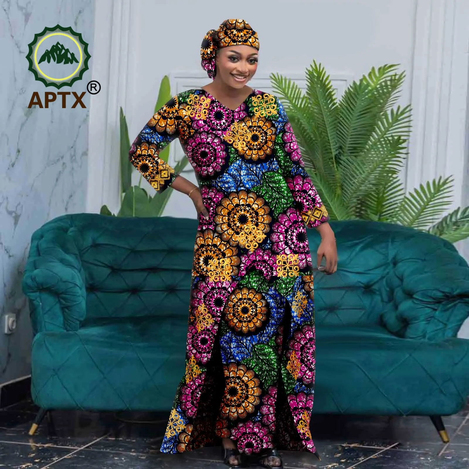 

APTX Women's Loose Maxi Robe Long Bat Sleeve African Print Dashiki Kaftan Dress Dubai Boubou Abaya Islamic Clothing 2524009
