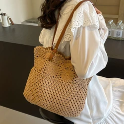 2024 New Summer Large Capacity Tote Bag Women Shoulder Bag Handmade Woven Bag Fresh Rural Handheld Travel Grass Woven Female Sac