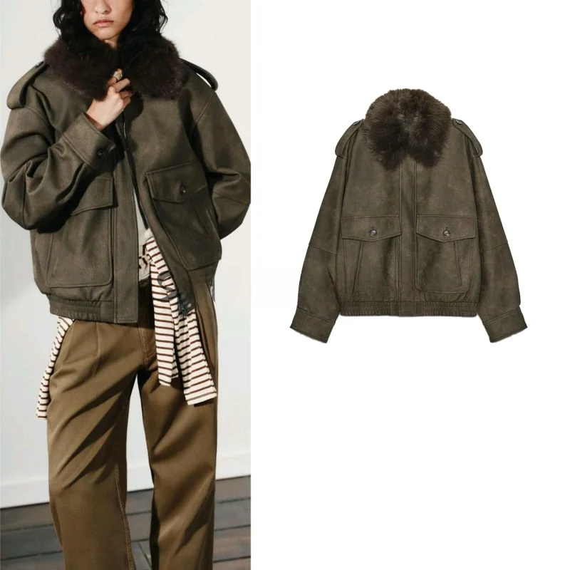 

Autumn New Women's Jaet Coat Long Sve Faux Suede Effect Detachable Collar ort Casual Loose Polyester Fiber Zipper