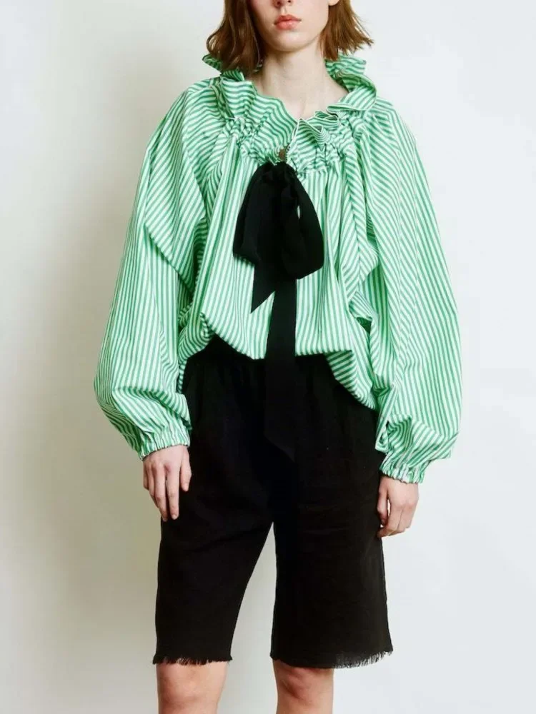 

CPSYMYM Fashion Women Shirt Y2k Autumn Casual Stripe Print Blouse Ruffled Lantern Sleeve Loose Top Retro Street Style Shirt Fem