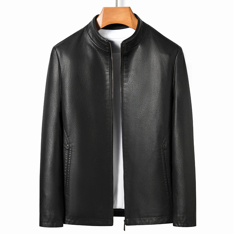 YN-2263 Autumn And Spring Men\'s Stand Collar Jacket Natural Leather Thin Section Plus Velvet Fashion  Jacket Motorcycle Youth