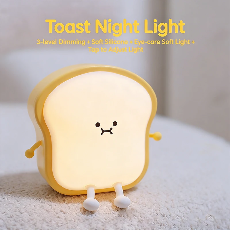 Cute Toast Bread Shaped LED Night Light Silicone Desk Lamp with Dimmable LED Rechargeable Portable Bedside Light for Bedroom