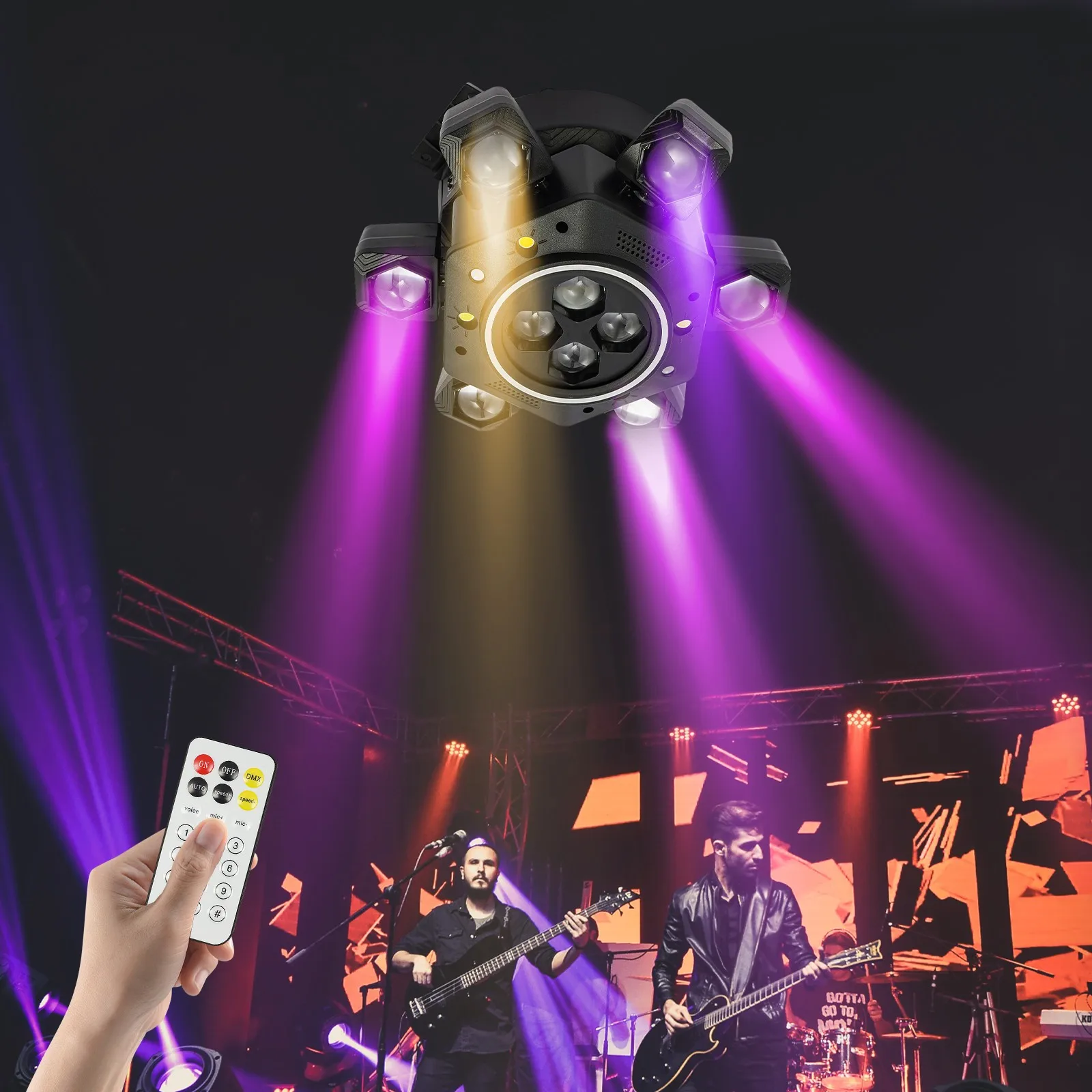 

6-Arm Bee Eye RGBW Laser Stage Lights with Built-in Light Strip & Wireless Remote Control, 25 DMX Channels DJ Party Lighting