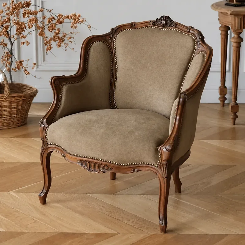 Retro Single Carved Solid Wood Armchair Antique Style Leisure Chair for Bedroom Bedside Villa Study Reading