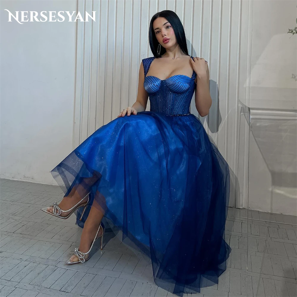 

Nersesyan Royal Blue Glitter Formal Evening Dresses Lace Sweetheart A-Line Shiny Prom Dress Sleeveless Sparkly 2024 Party Gowns