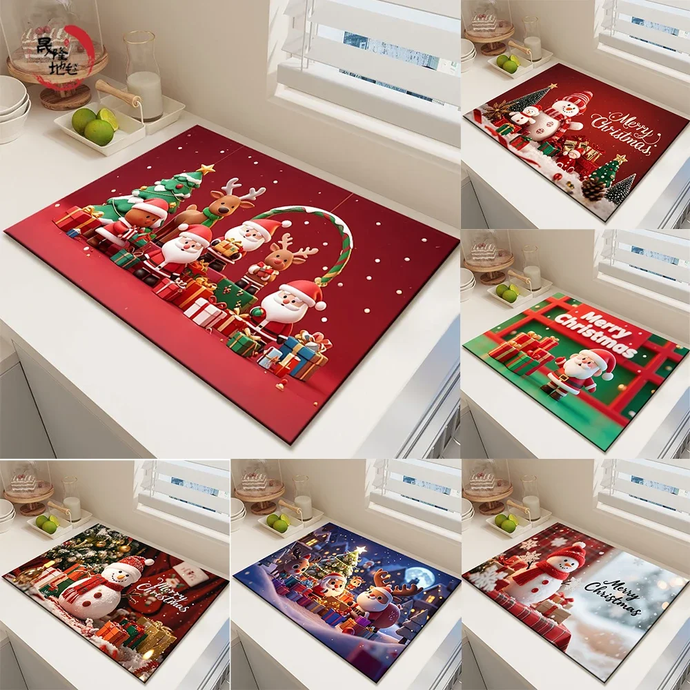 Christmas Cartoon Kitchen Countertop Drying Mat Diatomaceous Earth Absorbent Waterproof Anti Slip Washable Heat Resistant