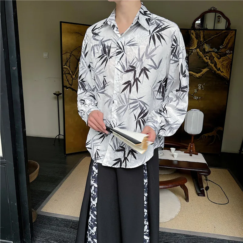 

SYUHGFA 2024 Summer Shirt Men Clothing New Chinese Style Bamboo Leaf Printing Long Sleeve Casual Top Loose Male Shirts Trend