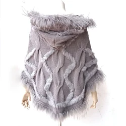 Women Cashmere Knitted Real Rabbit Fur Hooded Poncho Loose Warm Winter Ladies Plus Size Knitted Real Fur Cape With Hood