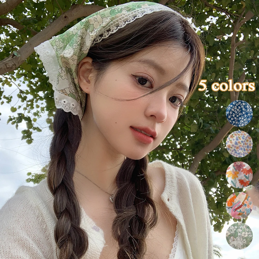 

Floral Lace Headband Female Silk Scarf Bandana Neckerchief Temperament Sweet Triangle Scarf Headgear Hair Accessories Turban