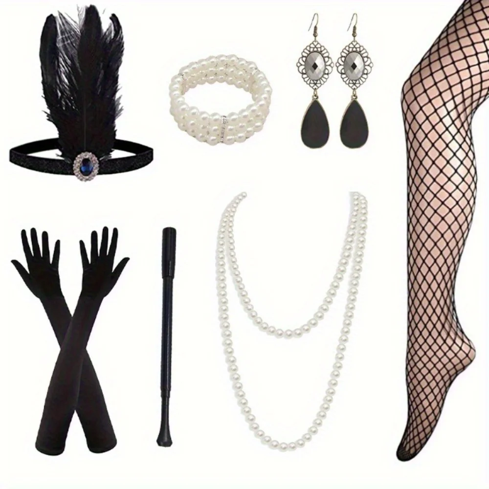 

1920s Flapper Headband Set with Necklace Gloves Earrings Smoke Rod Women's Vintage Party Accessories
