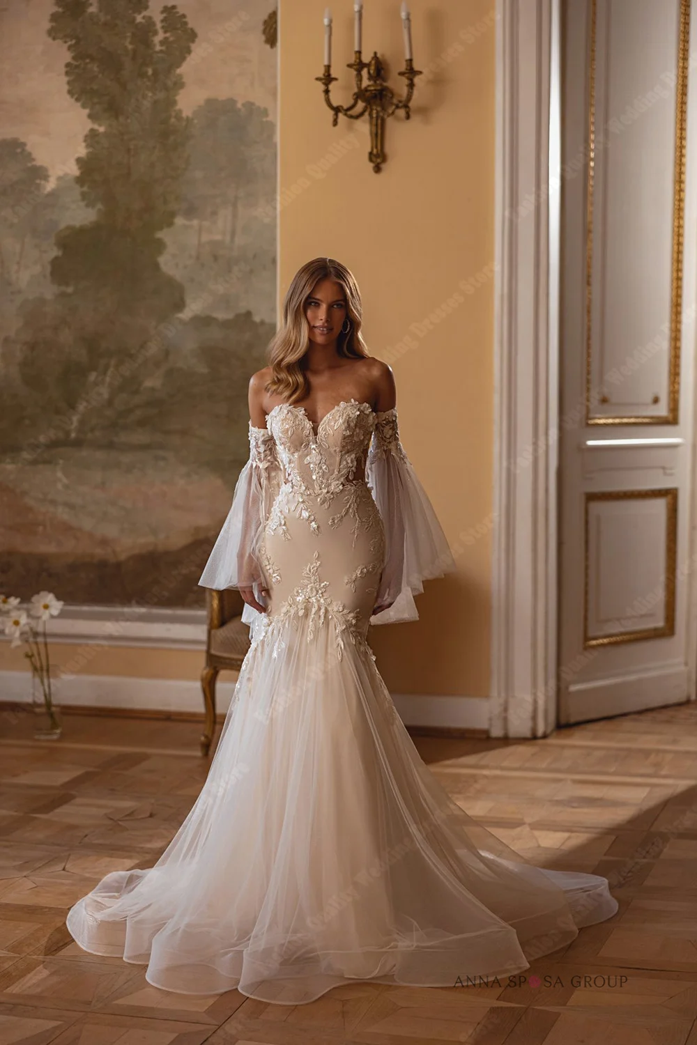 

Sexy Mermaid Women Weddings Dresses Elegant Lace Long Sleeves Tulle Bride Gowns Princess Banquet Vestidos De Novias Customized