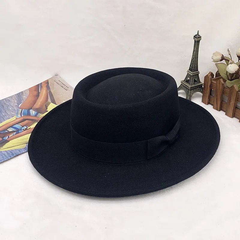 

Wool Flat Top Hat European And American Fashion Broad-brimmed Hat Hot Sale Women's Autumn And Winter Hat