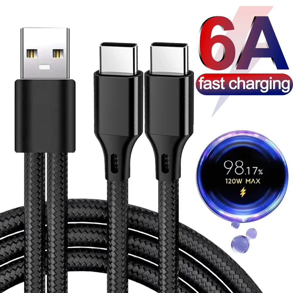 2 in 1 Dual Type-C Splitter Cable 6A USB A To Type C Fast Charging Data Nylon Cord Charger Wire for Xiaomi Huawei