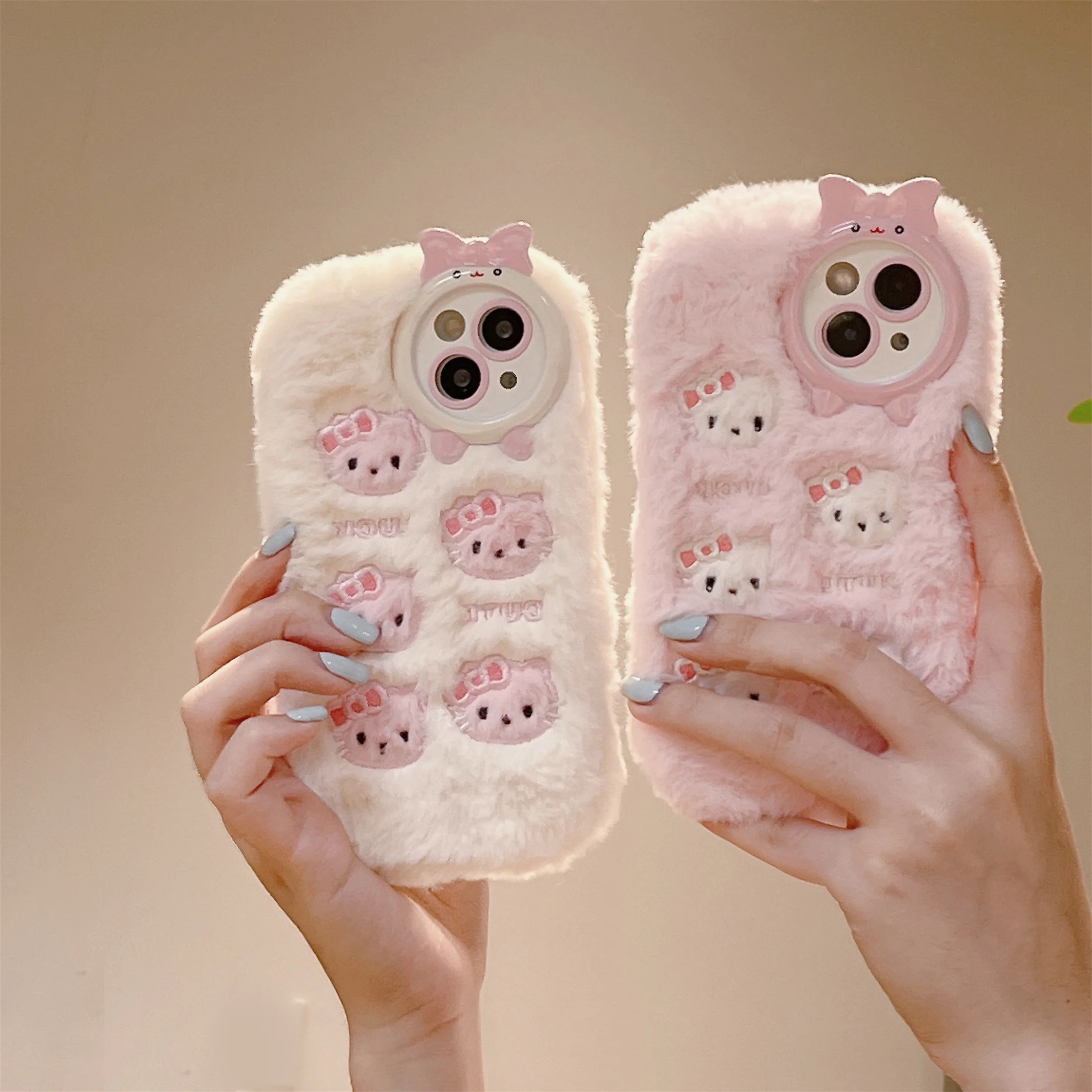 Cute Pink White Cat Fur Fluffy Phone Case for iPhone 14 11 13 12 14 Pro MAX 14plus Warm Cartoon Plush Soft Tpu Back Cover