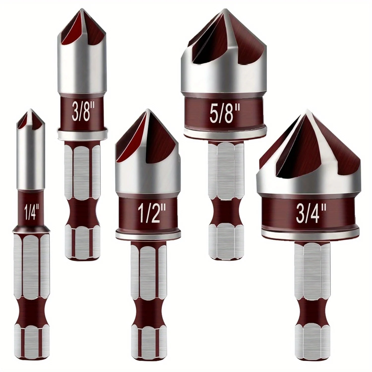 5pcs HSS Titanium Countersink Bit Set Chamfer 1/4" 3/8” 1/2” 5/8 3/4” Hex Shank for Wood Metal Deburring Chamfering Tool