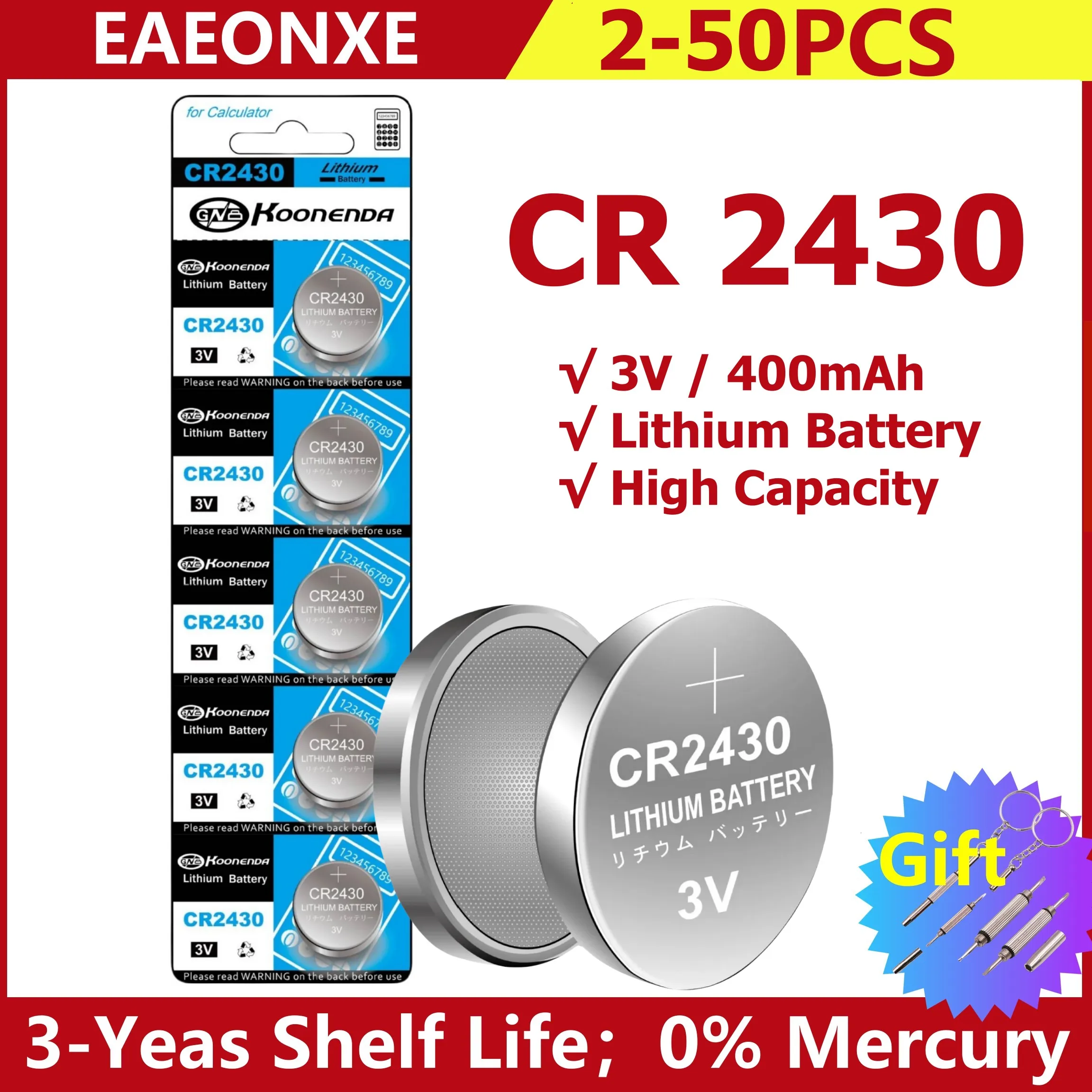 CR2430 Lithium Button Coin Battery, Baterias de Botão para Chave, Fob, Relógio, Alarme, Relógio, Controle Remoto, Novo, 3V, DL2430, BR2430, 2-50Pcs