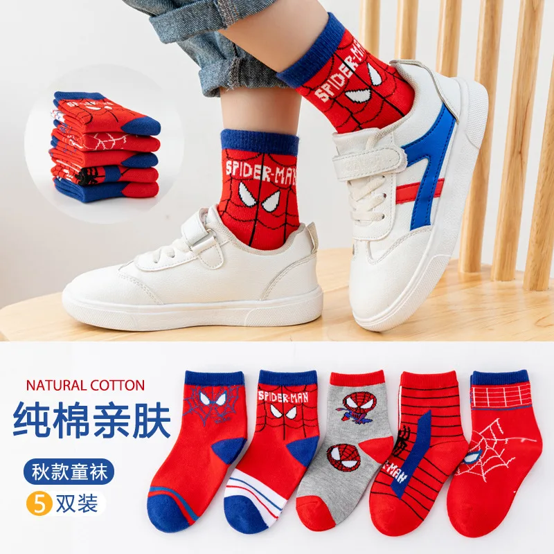 5 Pairs Children Socks Spiderman Anime Kids Boys Tube Socks Cartoon Baby Summer Spring Breathable Casual Soft Mesh Socks 1-12Y