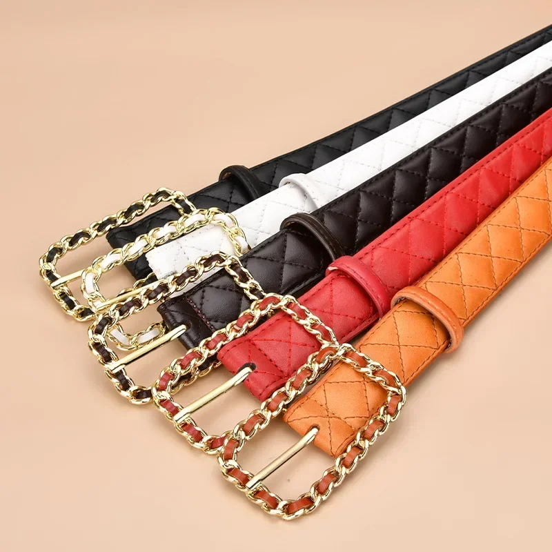 

2022 Diamond Quilted Cow Leather Women Waist Belt White Pink Blue Red Cowhide Jeans Belt Strap Real Leather Cinture Waistband