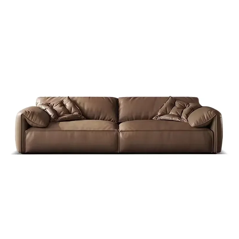 Brown Retro Minimalist Three Seater Elephant Ear Leather Sofa Feather Filled Backrest Straight Row First Layer Cowhide Set