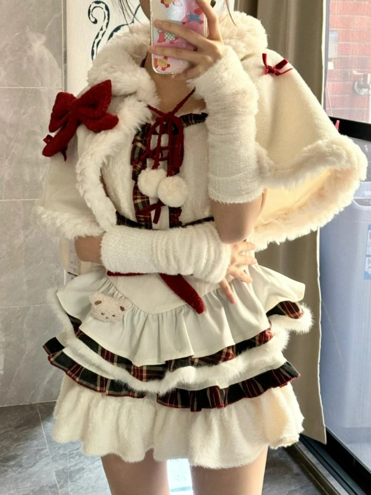 

Japanese Sweet Style Bow Tie Cape Coat with Contrasting Cuffs and A Short Puffy Dress for Christmas Party and Dating Set.