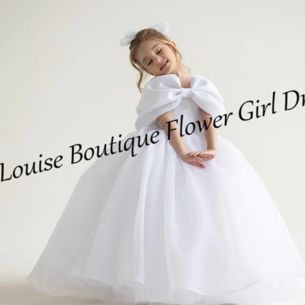 

Girls' White Organza Flower Girl Dress, Big Bow Puff Sleeves, Princess Ball Gown Style, Elegant Wedding Party Outfit