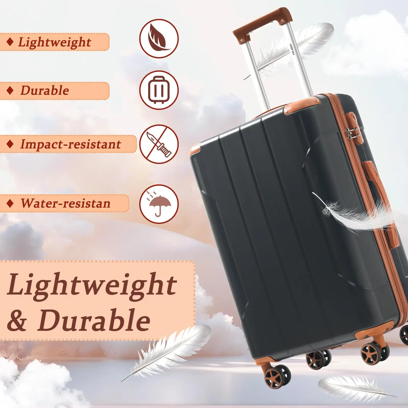 Luggage Sets 3 Piece Hardshell 8 Spinner Wheels Lightweight Suitcase Corner Guards Travel Luggage (Black brown 20IN