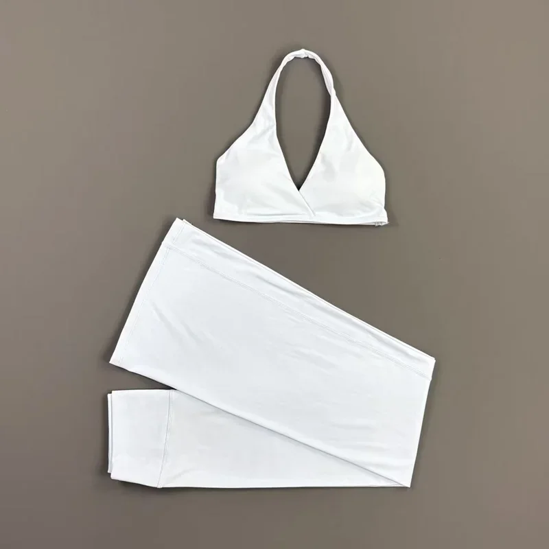 2-teiliges Origin Flares Hosen-Set: Neckholder-Sport-BH mit V-Ausschnitt, hochelastische, atmungsaktive Yoga-Schlaghose, Fitness-, Lauf- und Trainings-Set – Detail 11