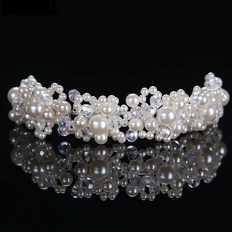 Pearl Crystal Headband Tiara Rhinestone Flower Bridal Headband For Women Bridal Wedding Hair Accessories Jewelry Band Headband