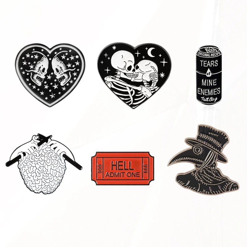 Doctor Heart Wine Hell Badge Denim Shirt Lapel Pins Gothic Jewelry Gift Punk Collection Enamel  Brooch Dark Black Pin Plague