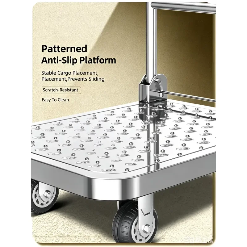 60*40cm 304 Stainless Steel Foldable Multilayer Platform Hand Trolley 200kg Heavy Duty Patterned Non-Slip Panel 4 Inch Cart