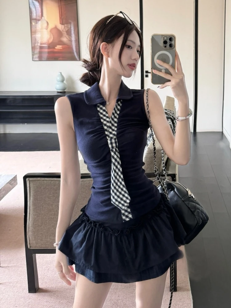 

Spicy Girl Ne Vest Waist Cinched Slimming Top Women's High Waist Skirt A-Line ort Skirt Two-Piece Set Autumn