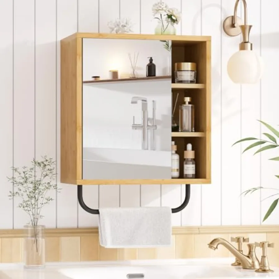 

Bathroom Medicine Cabinet with Mirror Bamboo Medicine Cabinet Wall Mounted Over The Toilet Storage with Towel Bar for Bathroom