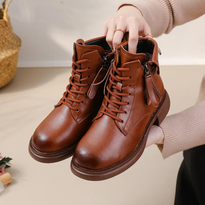 2024 Autumn New Low Heel Bull Muscle Sole Ankle Boots Korean Edition Casual Genuine Leather Women\'s Boots Warm and Comfortable