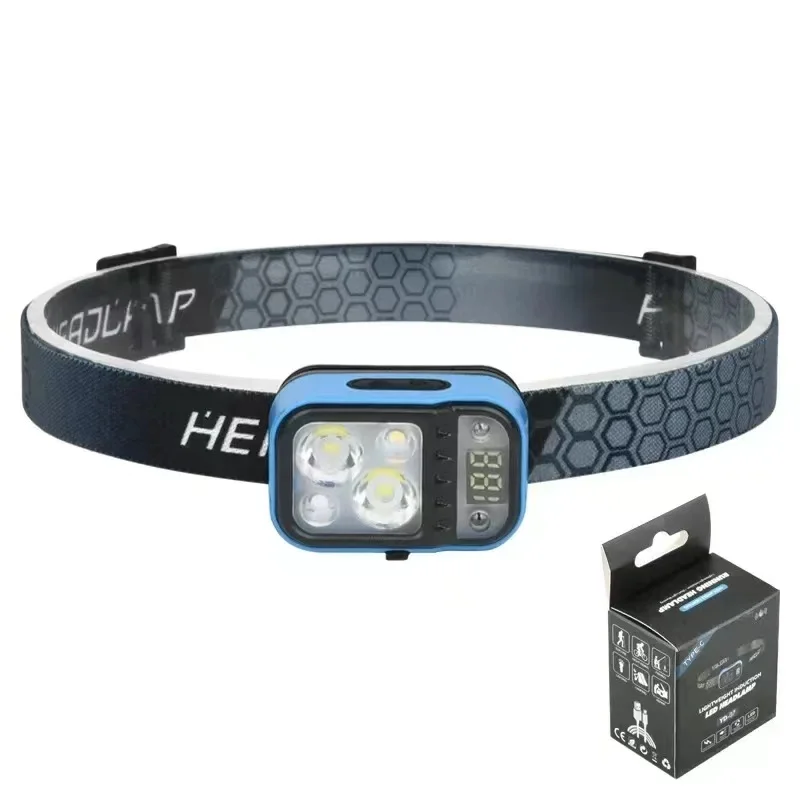 Rechargeable Fishing LED Headlamp With Sensors and Battery Indicator Super Bright Camping Light Using Outdoor Work Lamp Beads